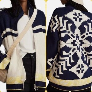 Maeve x Anthropologie Blue Striped Aztec Fair Isle Zip Cardigan Coat
